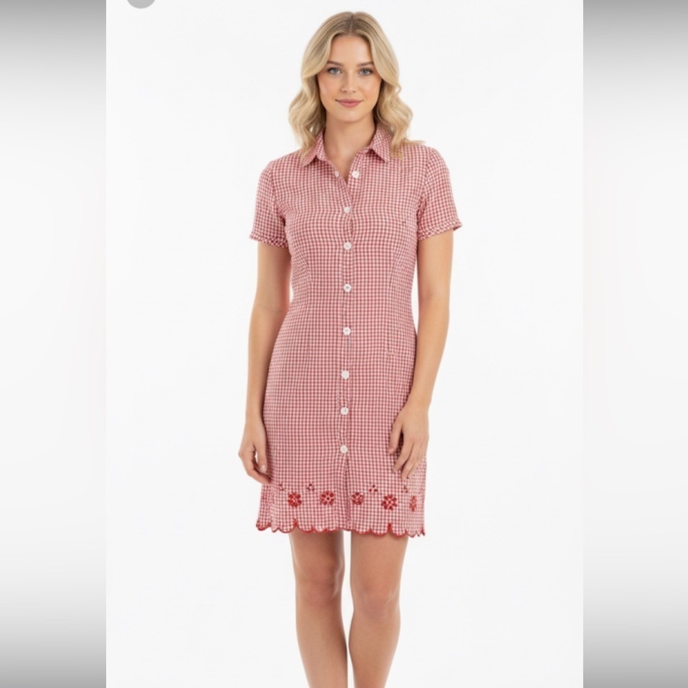 Vintage Red Gingham Button-Up Dress with floral embroidered bottom size 8
